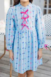 Girls: The Baileigh Light Blue Bow Print Dress