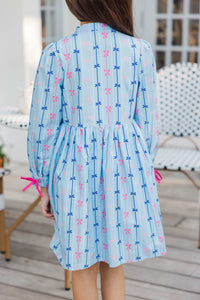 Girls: The Baileigh Light Blue Bow Print Dress