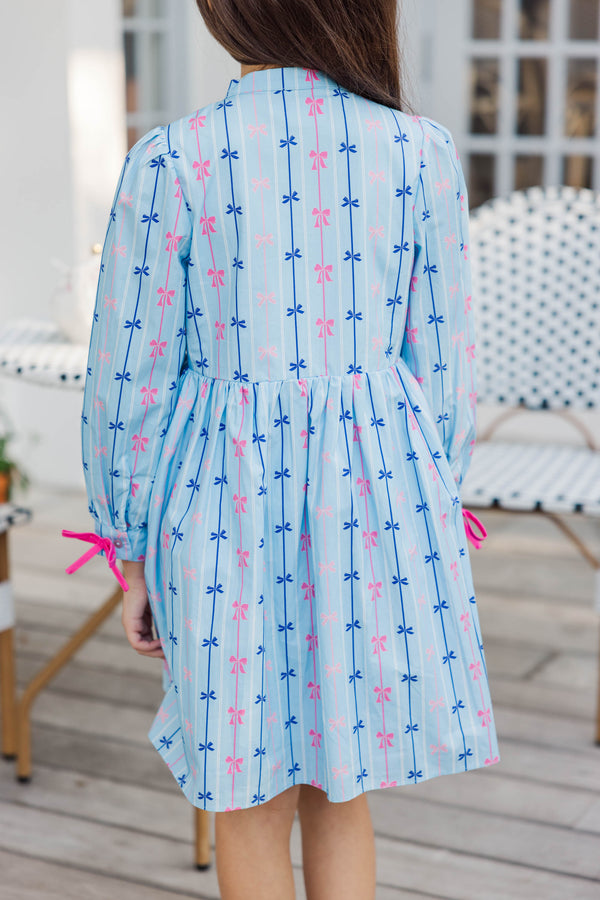 Girls: The Baileigh Light Blue Bow Print Dress