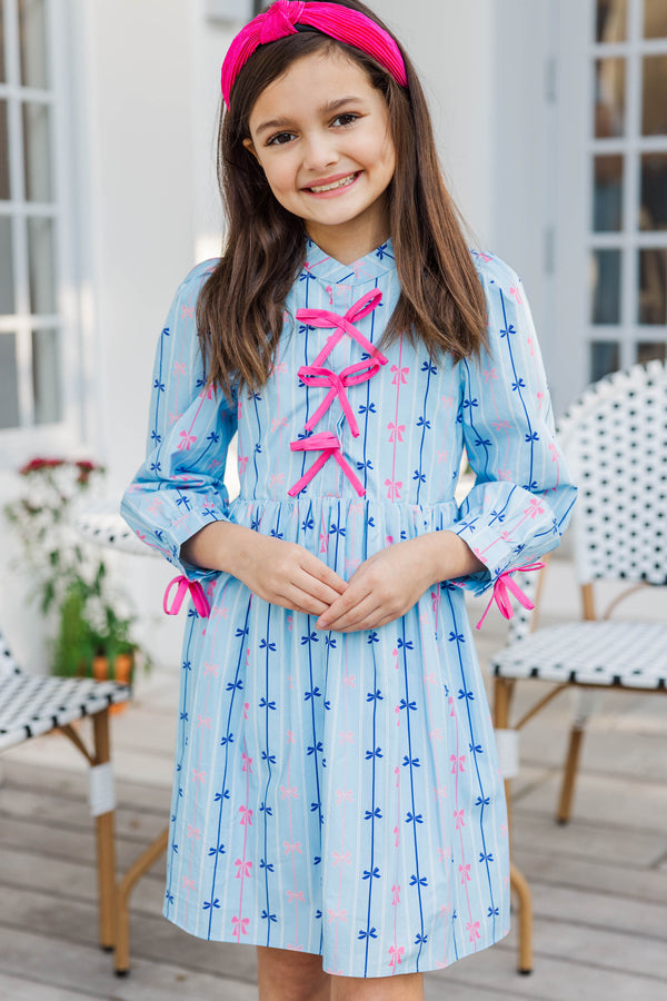 Girls: The Baileigh Light Blue Bow Print Dress