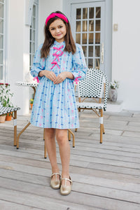 Girls: The Baileigh Light Blue Bow Print Dress
