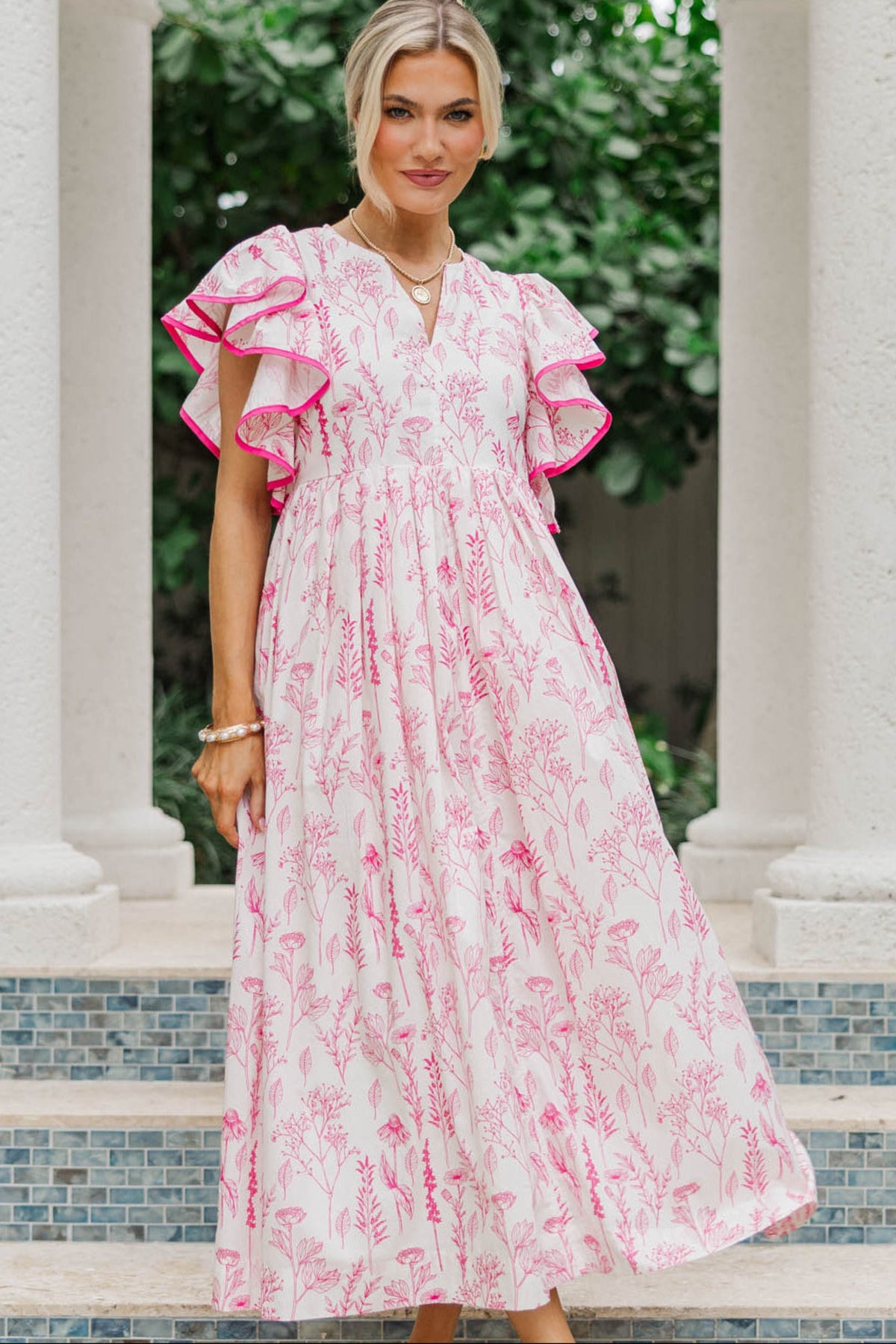 pink floral dresses midi Stay Consistent Dress summer dress. This pink multi floral Red Gold Tab Detail Color:Espresso Suede