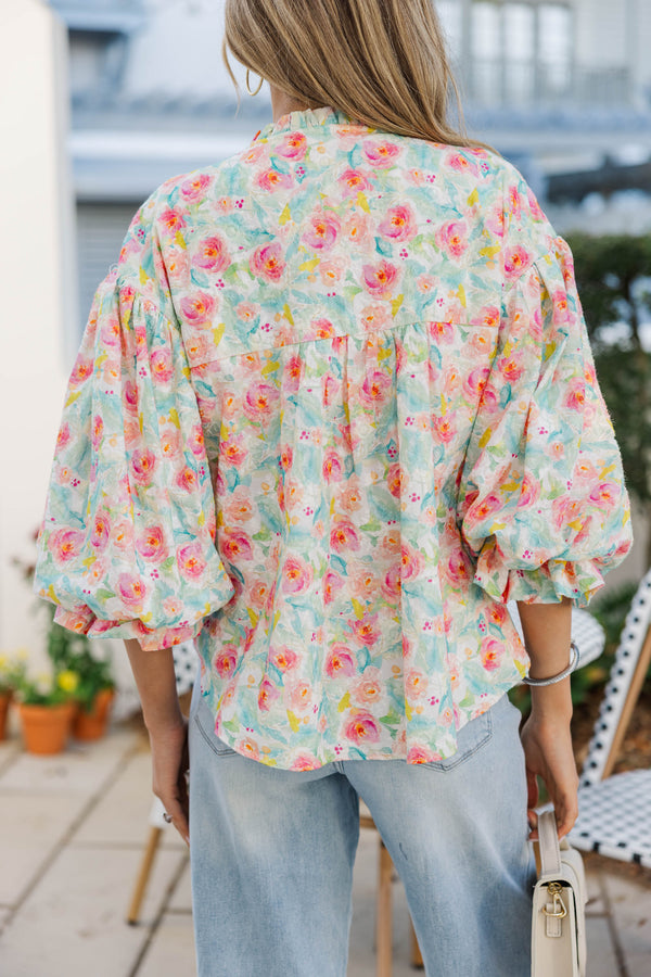 Take Your Turn Pink Multicolored Floral Eyelet Blouse