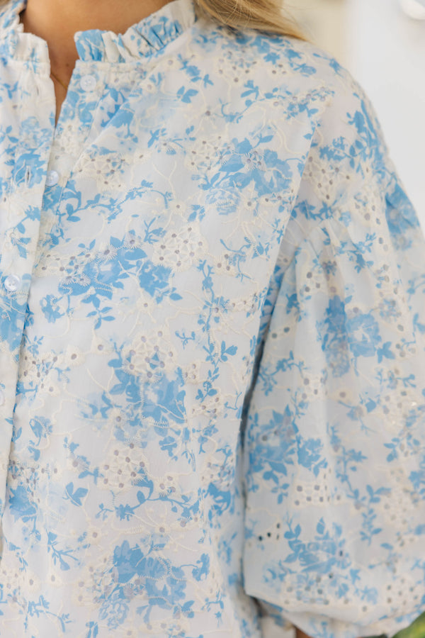 Take Your Turn Blue Floral Eyelet Blouse