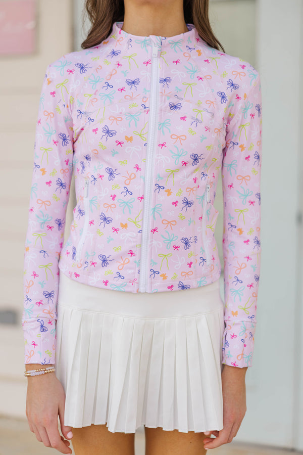 Girls: Sharing Stories Pink Bow Print Cropped Jacket
