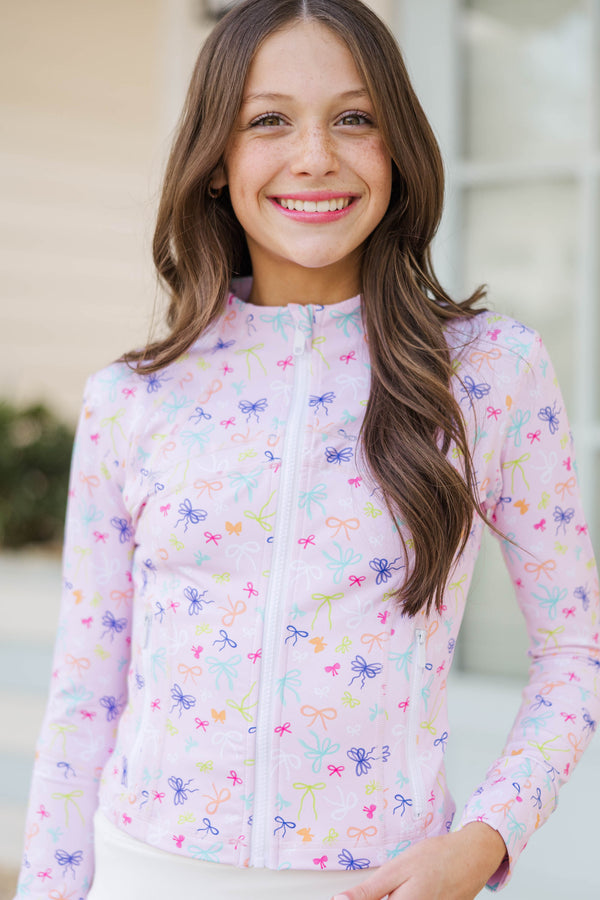 Girls: Sharing Stories Pink Bow Print Cropped Jacket