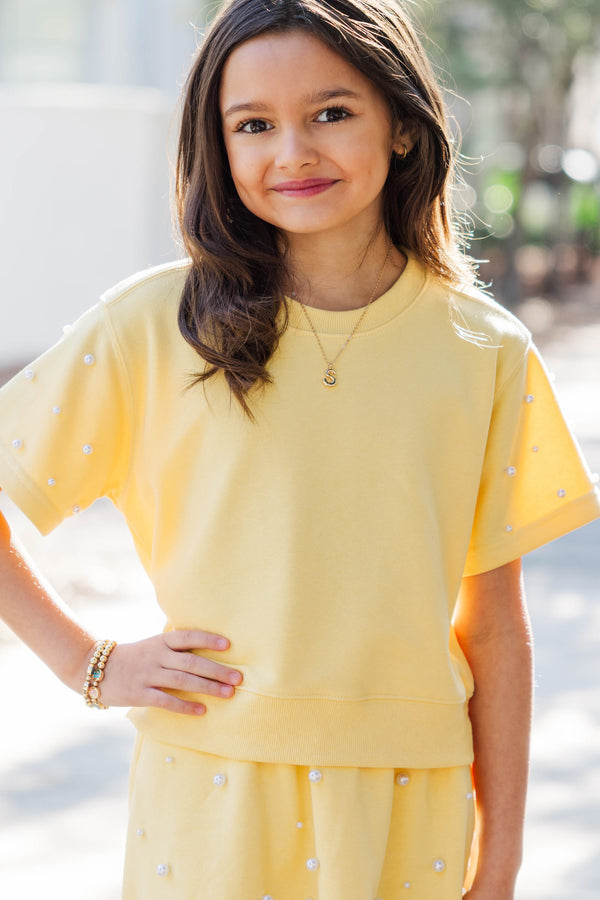 Girls: Sweet Moves Yellow Pearl Embellished Sweatshirt