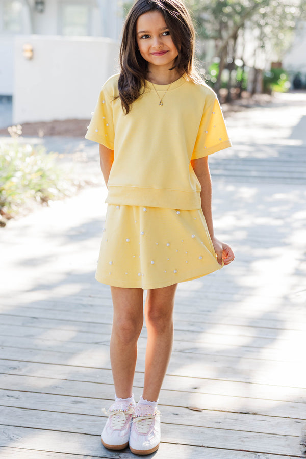 Girls: Sweet Moves Yellow Pearl Embellished Sweatshirt