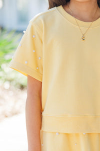Girls: Sweet Moves Yellow Pearl Embellished Sweatshirt