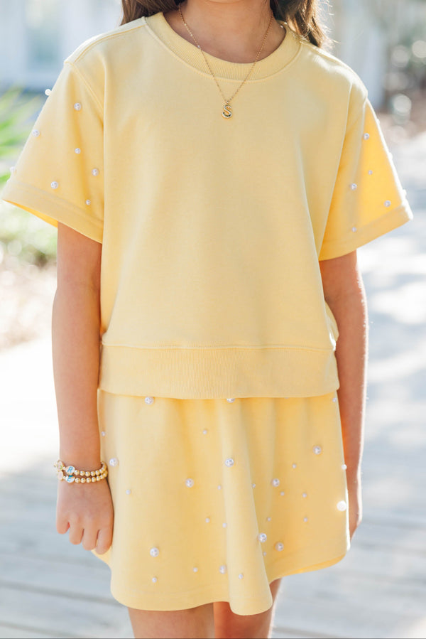 Girls: Sweet Moves Yellow Pearl Embellished Sweatshirt