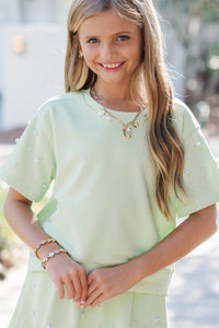 Girls: Sweet Moves Mint Pearl Embellished Sweatshirt