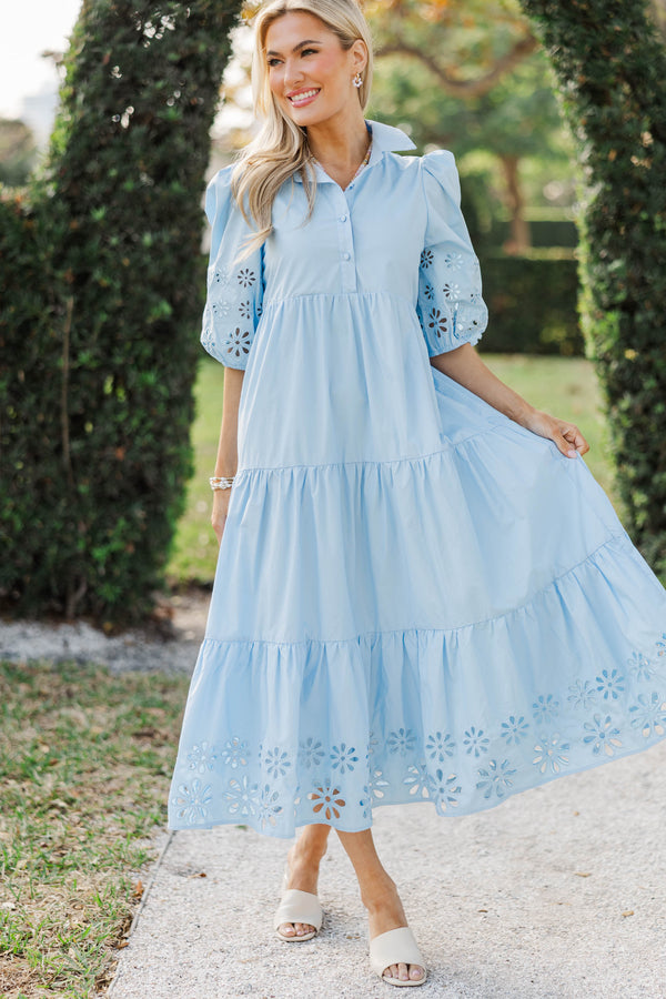 Love Found Light Blue Embroidered Tiered Midi Dress