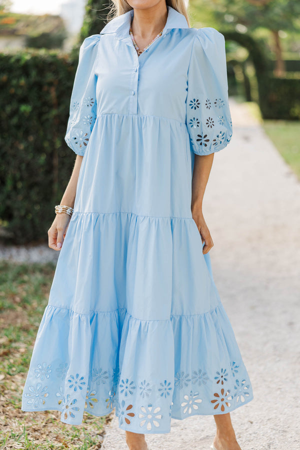 Love Found Light Blue Embroidered Tiered Midi Dress – Shop the Mint