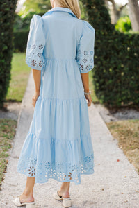 Love Found Light Blue Embroidered Tiered Midi Dress