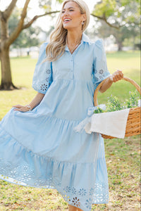 Love Found Light Blue Embroidered Tiered Midi Dress