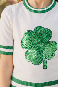 Girls: Stay In Character Green Sequin Clover Sweater