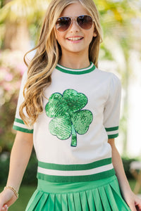 Girls: Stay In Character Green Sequin Clover Sweater