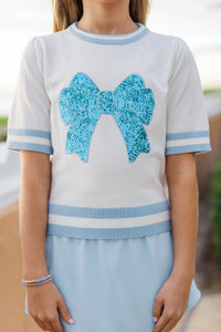 Girls: Stay In Character Light Blue Sequin Bow Sweater