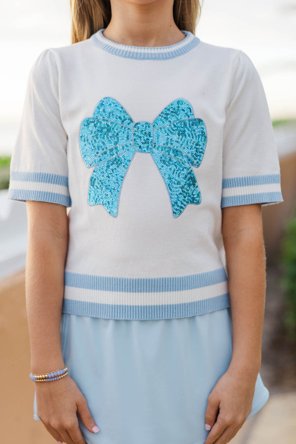Girls: Stay In Character Light Blue Sequin Bow Sweater