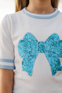 Girls: Stay In Character Light Blue Sequin Bow Sweater