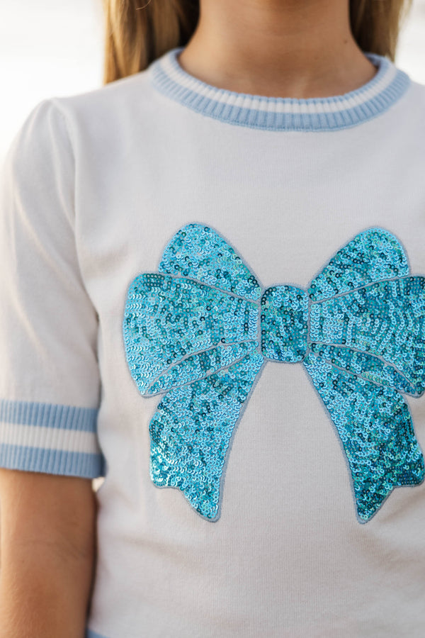 Girls: Stay In Character Light Blue Sequin Bow Sweater