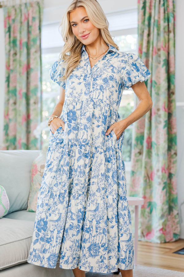 blue toile dress Renzo Toile Belraj Poplin Maxi Dress WHT-BLUE-MUL / XS by Sugarlips