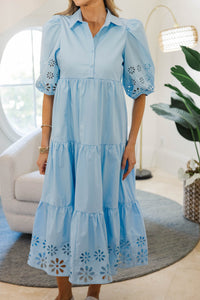 NURSING COLLECTION: Love Found Light Blue Embroidered Tiered Midi Dress