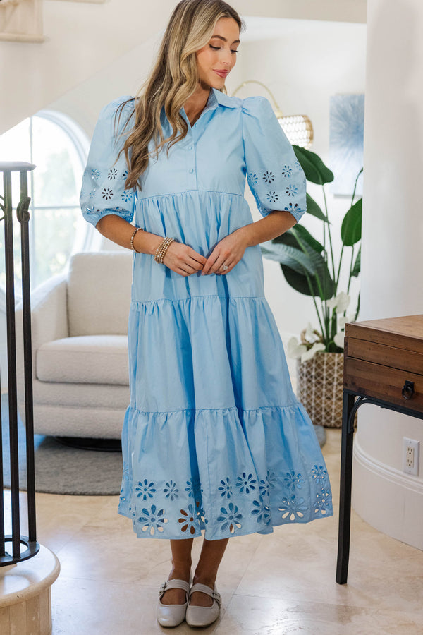 NURSING COLLECTION: Love Found Light Blue Embroidered Tiered Midi Dress