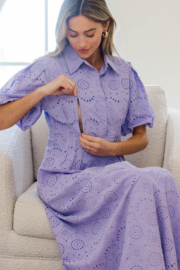 NURSING COLLECTION: My Lucky Charm Lavender Eyelet Midi Dress, X-Small - The Mint Julep Boutique