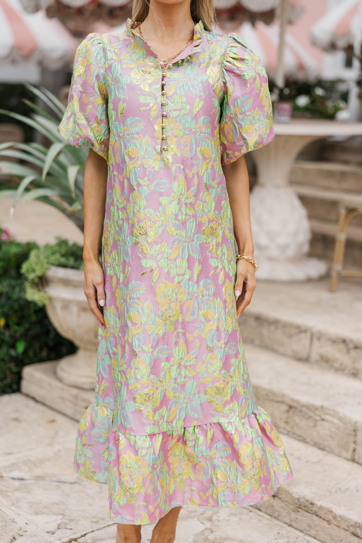 See The Light Pink Brocade Midi Dress – Shop the Mint