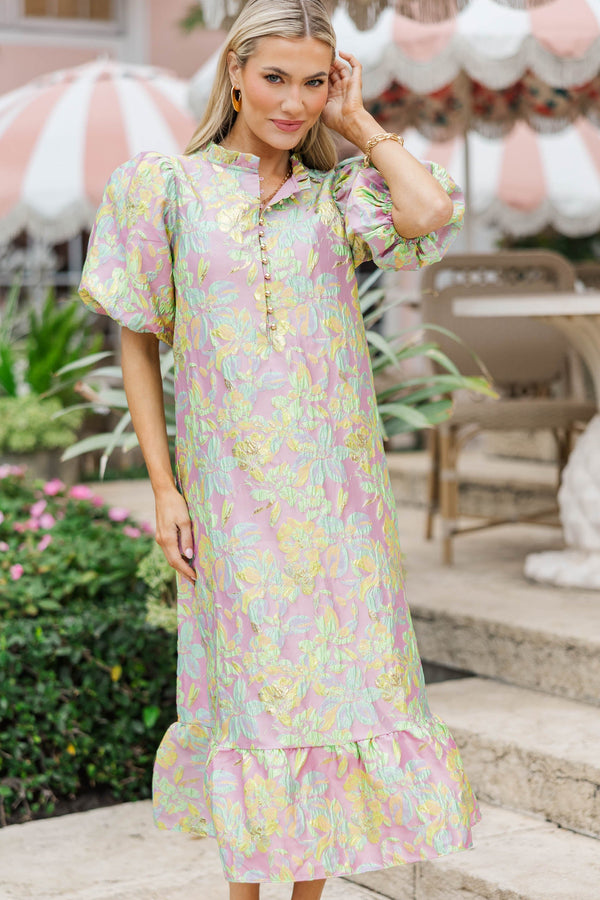 See The Light Pink Brocade Midi Dress