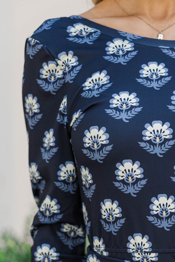 Chic Perspective Navy Medallion Dress