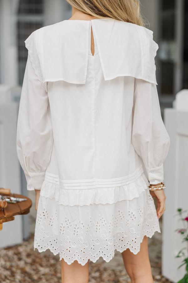 long sleeve white eyelet dress Sail to Sable Ivory Eyelet Long Sleeve Cinched Waist Dress Ivory / XXS / F2509
