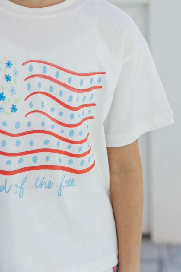 Girls: Land Of The Free White Floral Graphic Tee