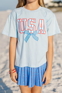 Girls: USA Light Blue Striped Graphic Tee