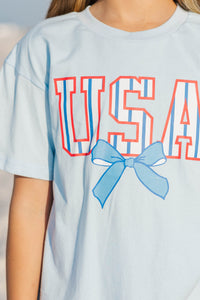 Girls: USA Light Blue Striped Graphic Tee