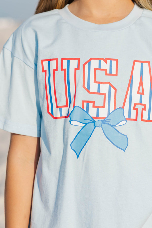 Girls: USA Light Blue Striped Graphic Tee
