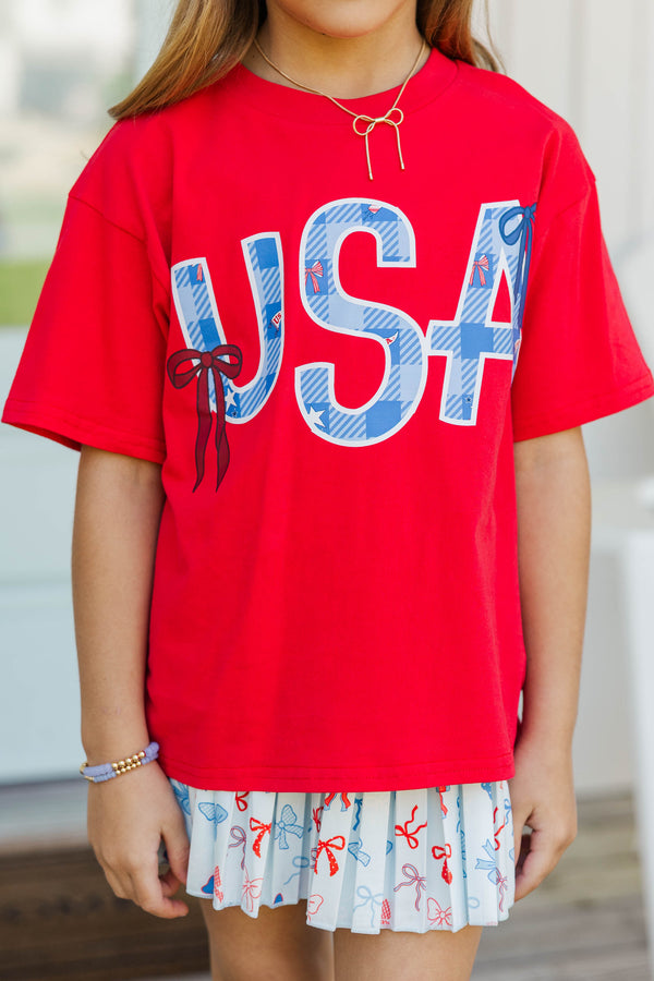 Girls: Sweet Liberty Red Plaid Graphic Tee