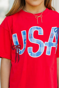 Girls: Sweet Liberty Red Plaid Graphic Tee