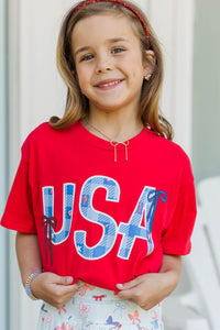 Girls: Sweet Liberty Red Plaid Graphic Tee