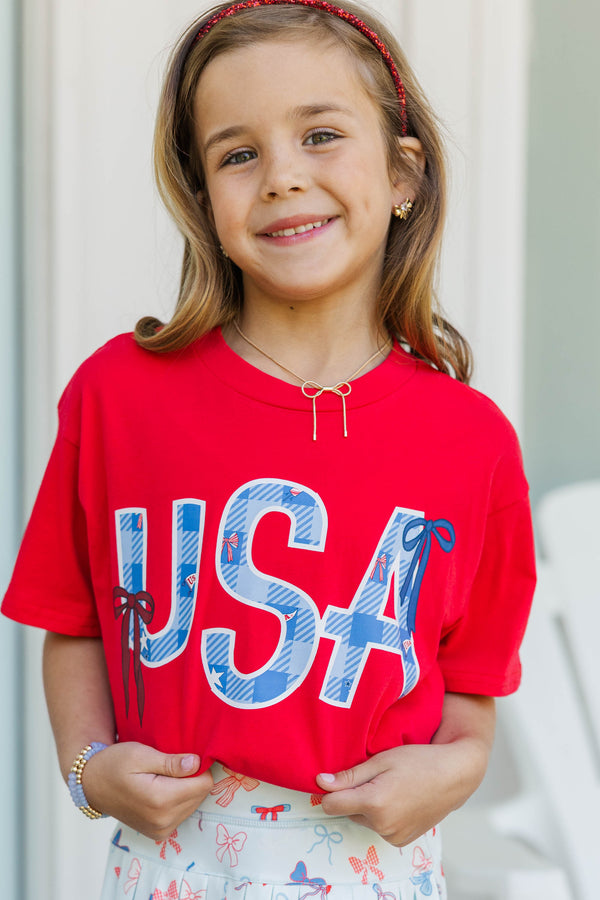 Girls: Sweet Liberty Red Plaid Graphic Tee