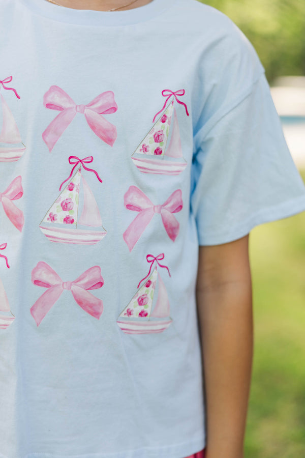 Girls: Boats And Bows Light Blue Graphic Tee