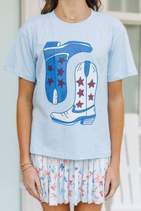Girls: Patriotic Cowgirl Light Blue Graphic Tee