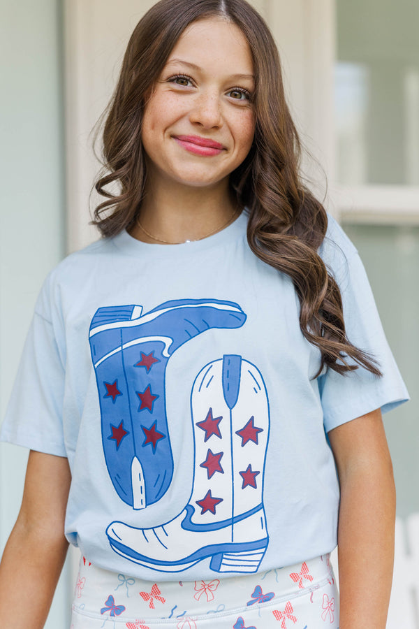 Girls: Patriotic Cowgirl Light Blue Graphic Tee