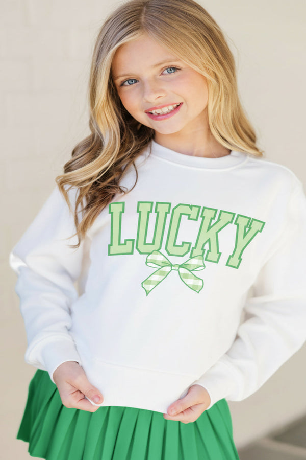 Girls: Happy Go Lucky White Graphic Sweatshirt