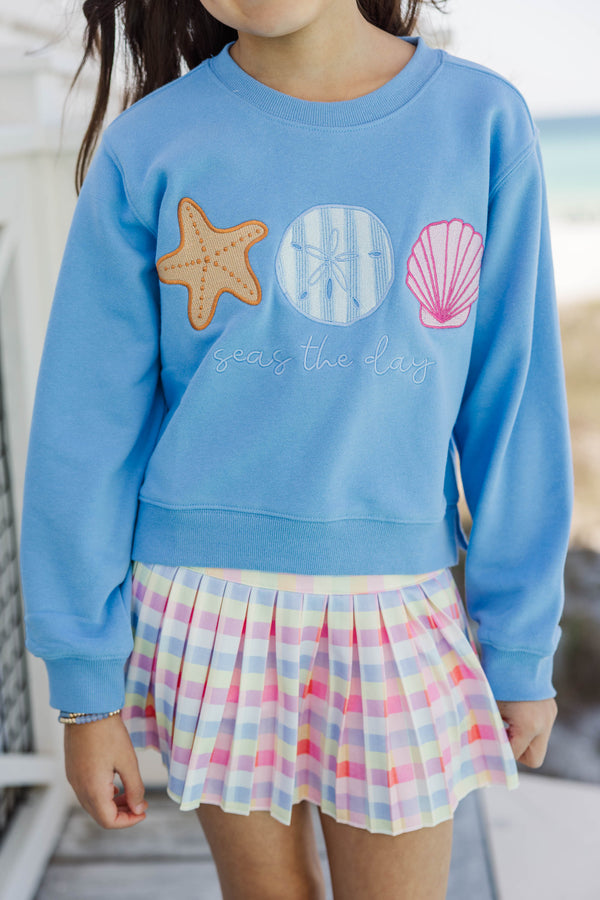 Girls: Seas The Day Light Blue Embroidered Sweatshirt