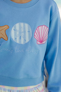 Girls: Seas The Day Light Blue Embroidered Sweatshirt