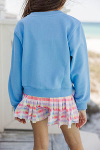 Girls: Seas The Day Light Blue Embroidered Sweatshirt