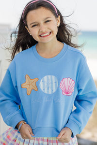 Girls: Seas The Day Light Blue Embroidered Sweatshirt