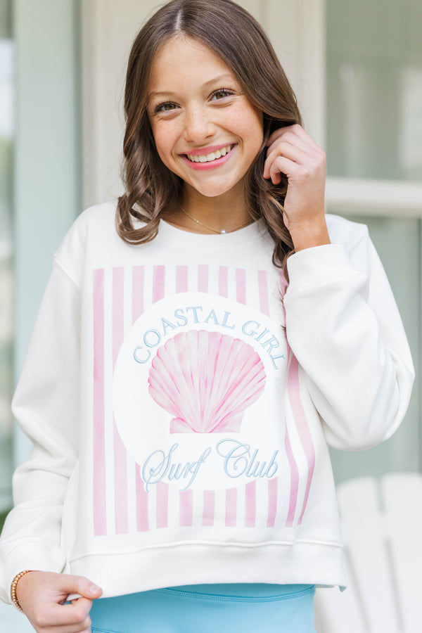 Girls: Surf Club White Embroidered Sweatshirt